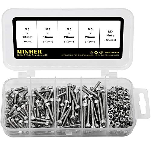 M3 Innensechskantschraube und Mutter Kombinationsbox 304 Edelstahl Mechanische Innensechskant Bolzenset 10mm 16mm 20mm 25mm 240 Stück von MINHER