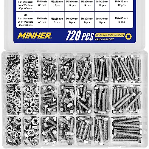 M4 M5 M6 720 Stück 304 Edelstahl Sechskantschrauben Bolzen und Muttern Unterlegscheiben set, Maschinenschrauben schrauben 10-35mm von MINHER