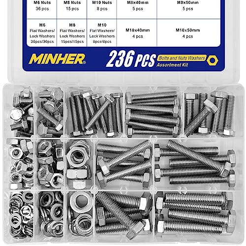 M6 M8 M10 236 Stück 304 Edelstahl Sechskantschrauben Bolzen und Muttern Unterlegscheiben set, Maschinenschrauben schrauben 10-50mm von MINHER