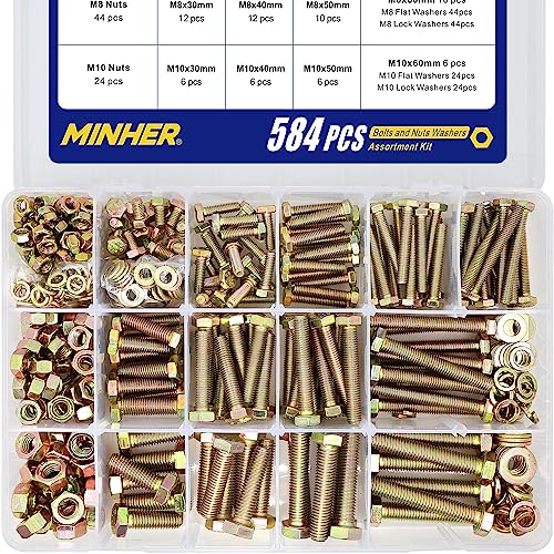 MINHER 584 Stück M6 M8 M10 Sechskantschrauben mit Außensechskant und Muttern Unterlegscheiben set 8.8 Verzinkter Legierter Stahl von MINHER