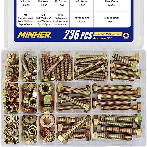 MINHER M6 M8 M10 236 Stück Sechskantschrauben mit Außensechskant und Muttern Unterlegscheiben set 8.8 Verzinkter Legierter Stahl von MINHER