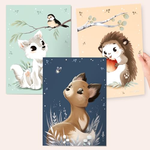 MINI Misiu Poster Set 3er | Bilder Kinderzimmer Deko A4 | Tiere Wandposter Wandposter Mädchen, Junge | Waldtiere (Pastel) von MINI Misiu