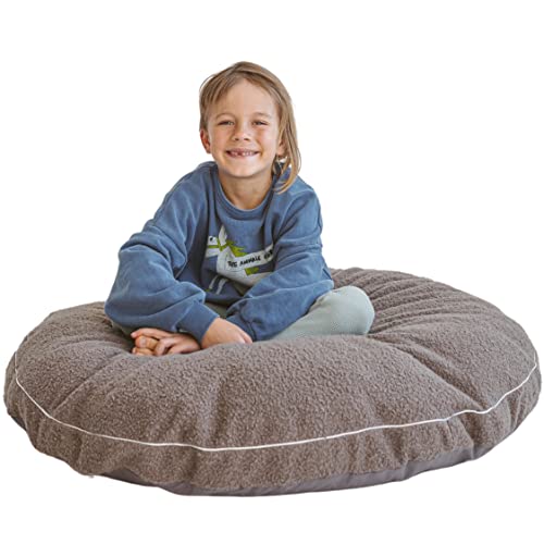 MINICAMP Große Bodenkissen für Kinder - Ultra-Flauschiger & waschbarer Kinder-Sitzsack mit Füllung und Bouclé-Sherpa-Bezug - 100 cm breit - Lounger und Lesekissen für Kleinkinder & Jugendliche (Grau) von MINICAMP