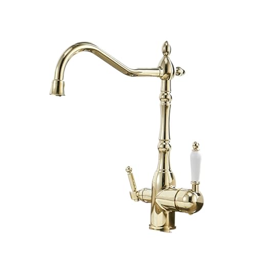 Küchenarmatur für die Spüle, Antiker Vollkupfer-Wasserhahn im europäischen Stil, drehbarer, multifunktionaler Doppelgriff-Wasserhahn for sauberes Wasser, heiß und kalt gemischt(Gold) von MINING