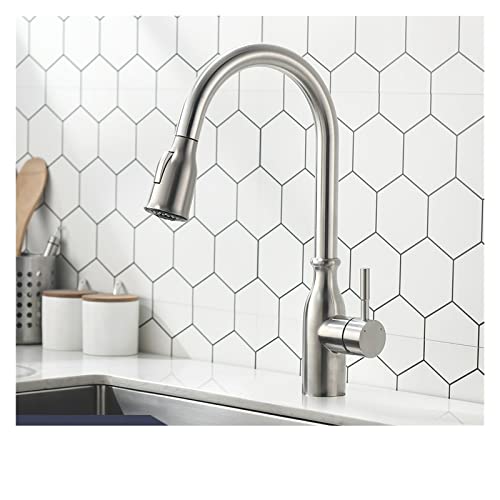 Küchenarmatur für die Spüle, Küche Wasserhähne Silber Eingriff ausziehen Küchenhahn Tippen Sie ein Loch Griff 360 Grad Wassermixer Tippmixer Hahn(866097-Brushed) von MINING