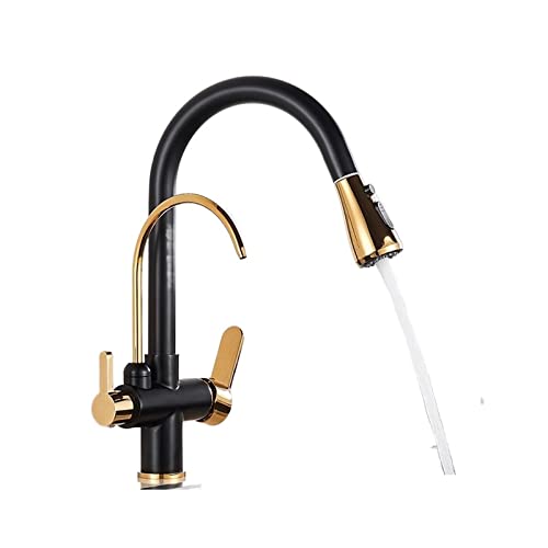 Küchenarmatur für die Spüle, Wasserfilter Wasserhahn Küchenarmaturen Dual Griff Filter Wasserhahnmischer 360 Grad Rotation Wasserreinigungsmerkmal Taps(Black with Gold) von MINING