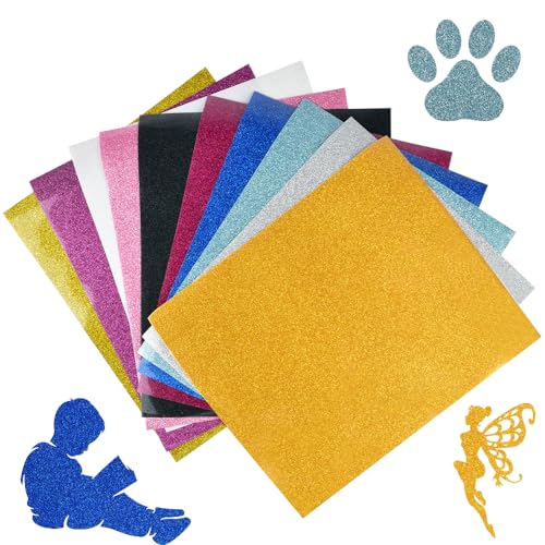 MININUSI 10 Stück Heat Transfer Vinyl, 30.5 x 25cm Plotterfolie Textil Glitzer, wasserfest Flexfolie Bügelfolie für Textilien, Kleidung Vinylfolie Plotter, Stoff Transferfolie Flexfolie Plotter Textil von MININUSI