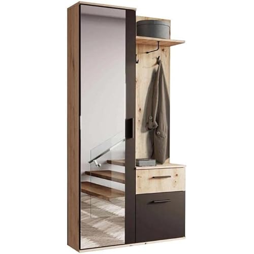 MINIO go for it - Flurgarderobe Schmal Alex I Flur Möbel 97cm Breit I Flurgarderoben mit Spiegel I Garderobenpaneel I Wandgarderobe mit Ablage und Schuhschrank I Artisan Eiche Schwarz von MINIO go for it