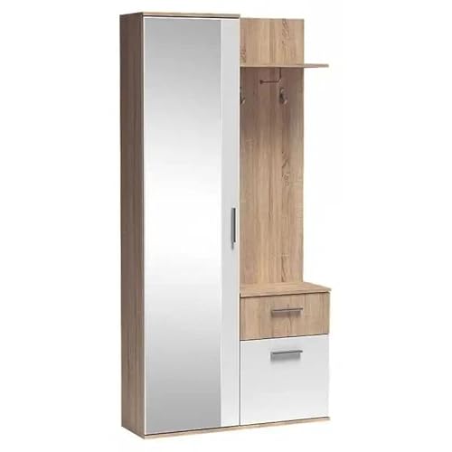 MINIO go for it - Flurgarderobe Schmal Alex I Flur Möbel 97cm Breit I Flurgarderoben mit Spiegel I Garderobenset Garderobenpaneel Wandgarderobe mit Ablage und Schuhschrank I Sonoma Eiche/Weiß von MINIO go for it