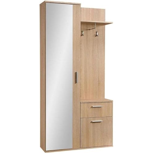 MINIO go for it - Flurgarderobe Schmal Alex I Flur Möbel 97cm Breit I Flurgarderoben mit Spiegel I Garderobenset I Garderobenpaneel I Wandgarderobe mit Ablage und Schuhschrank I Sonoma Eiche von MINIO go for it