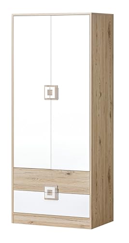 Kleiderschrank NIMES 1, 80x190x50 cm, Schrank mit 2 Türen, Garderobenschrank mit 2 Schubladen, Schrank Schlafzimmer mit 3 Einlegeböden, Kleiderschränke mit 1 Kleiderstange, Eiche Hell/Weiß von MINIO go for it