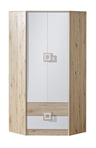 MINIO go for it Eckschrank Nimes, 87 x 190 x 87 cm, Kleiderschrank mit Schubladen, Türen, Kleiderstange, Jugendzimmer Möbel, Eiche Hell/Weiß von MINIO go for it