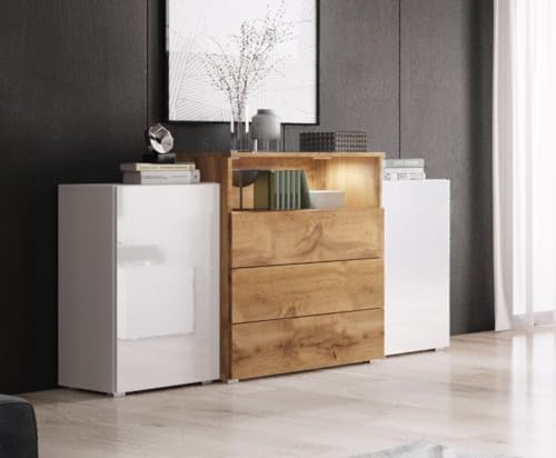 Kommode mit Schubladen KORFU III, Highboard Abmessungen: 69-82 x 150 x 32,5-39 cm, Kommoden & Sideboards aus Schichtstoffplatte, Moderne Komodenschrank - Weiss / Wotan Eiche / Weiss Hochglanz von MINIO go for it