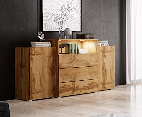 Kommode mit Schubladen KORFU III, Highboard Abmessungen: 69-82 x 150 x 32,5-39 cm, Kommoden & Sideboards aus Schichtstoffplatte, Moderne Komodenschrank mit LED - Wotan Eiche / Wotan Eiche von MINIO go for it