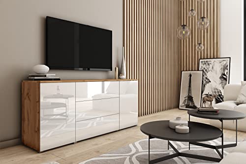 MINIO go for it - Kommode Parma, 150cm Breit, mit dei Schubladen, Sideboard, Push to Open System, Farbe: Wotan Eiche/Weiß Hochglanz von MINIO go for it