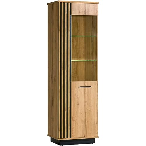 LAMIA 2 - Vitrinenschrank mit LED-Beleuchtung 60cm Breit, Vitrine Glass, Bücherregal mit Türen und Glaseinsätzen, Highboard für Wohnzimmer Schlafzimmer Esszimmer, Farbe Wotan Eiche/Schwarz Matt von MINIO go for it