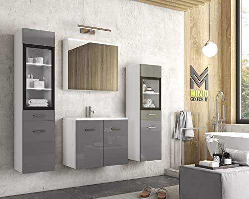 MINIO go for it - Badezimmermöbel Set Marit 2, mit LED-Belechtung, Wandspiegelschrank, Schrank mit Waschbecken, Farbe: Weiß Matt/Grau Hochglanz von MINIO go for it