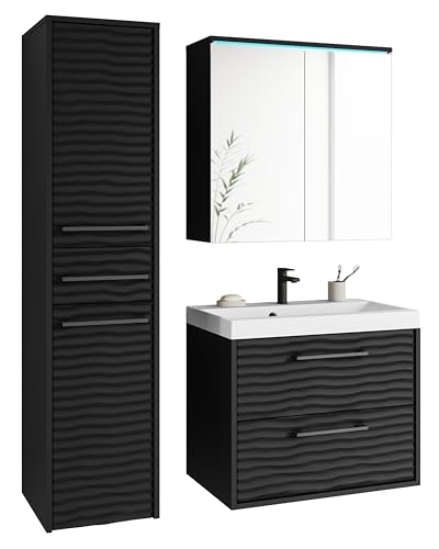MINIO go for it - Badmöbel Set 3-Teilig Yuko 1, Spiegelschrank, Unterschrank mit Waschbecken, Große Hängeschrank, Laminierte Spannplatte, Farbe: Schwarz/Schwarz MDF Wellemuster von MINIO go for it