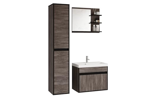 MINIO - Badmöbel Set mit Waschbecken Capri, 3-TLG. Badezimmer Set, 1x Badezimmerschrank, 1x Waschbecken mit Unterschrank 60 cm, 1x Badspiegel mit Ablage - Farbe Bodega Kiefer von MINIO go for it