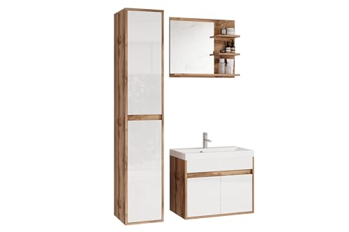 MINIO - Badmöbel Set mit Waschbecken Capri, 3-TLG. Badezimmer Set, 1x Badezimmerschrank, 1x Waschbecken mit Unterschrank 60 cm, 1x Badspiegel mit Ablage - Farbe Wotan Eiche/Weiss Hgl. von MINIO go for it