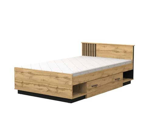 MINIO - Bett 120x200 cm Lamia mit Schublade und Nischen, Bett mit Kopfteil aus Holz mit Lamellen, ohne Matratze, Schlafzimmer Möbel - Wotan Eiche/Schwarz Matt von MINIO go for it