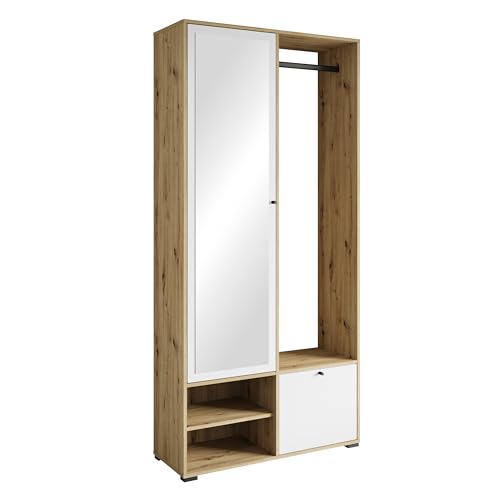 MINIO go for it - Garderobe Set 90 cm Breit, Flurgarderoben Set DAFNI mit Spiegel, Garderoben Set mit Ablage und Schuhschrank, Garderobenschrank Flur, Vorzimmer Möbel, Artisan Eiche/Weisse Farbe von MINIO go for it