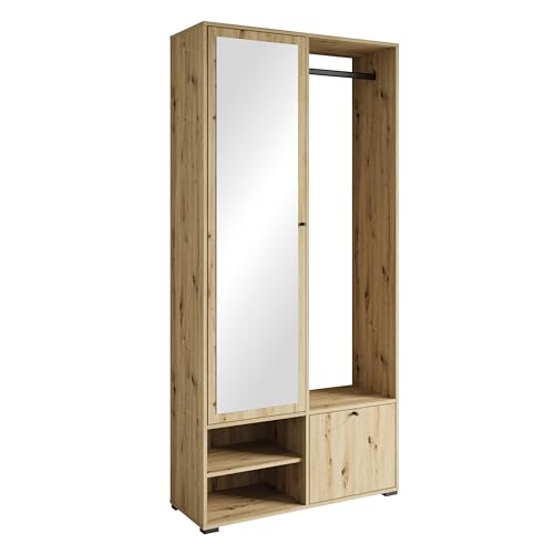 MINIO go for it - Garderobe Set 90 cm Breit, Flurgarderoben Set DAFNI mit Spiegel, Garderoben Set mit Ablage und Schuhschrank, Garderobenschrank Flur, Vorzimmer Möbel, Artisan Eiche Farbe von MINIO go for it