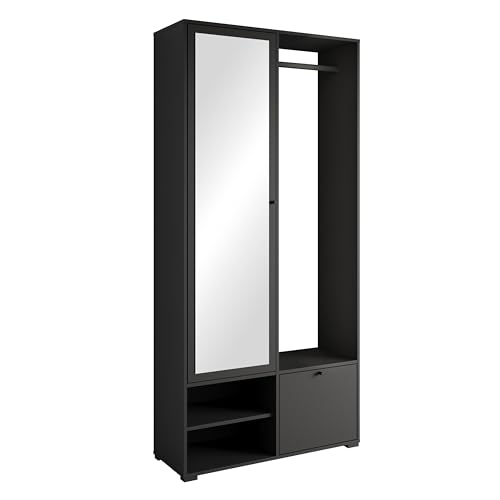 MINIO go for it - Garderobe Set 90 cm Breit, Flurgarderoben Set DAFNI mit Spiegel, Garderoben Set mit Ablage und Schuhschrank, Garderobenschrank Flur, Vorzimmer Möbel (Schwarz) von MINIO go for it