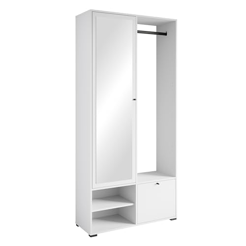 MINIO go for it - Garderobe Set 90 cm Breit, Flurgarderoben Set DAFNI mit Spiegel, Garderoben Set mit Ablage und Schuhschrank, Garderobenschrank Flur, Vorzimmer Möbel (Weiss) von MINIO go for it