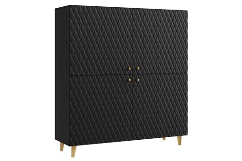 MINIO go for it - Hochkommode LOKET, 120 cm breit, 4-türige Kommode, Standkommode, Highboard, Wohnzimmer, Wohnzimmermöbel, Farbe: Schwarz matt mit Rautenmuster/goldenen Beinen und Griffen von MINIO go for it