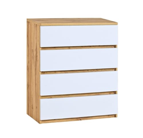 MINIO - Kommode mit 4 Schubladen 80 cm Breit, Komodenschrank für Wohnzimmer, Büro, Schlafzimmer, Flur, ARCCA Serie - Kommode Weiß/Wotan Eiche - B:80cm x H:94cm x T:40cm von MINIO go for it