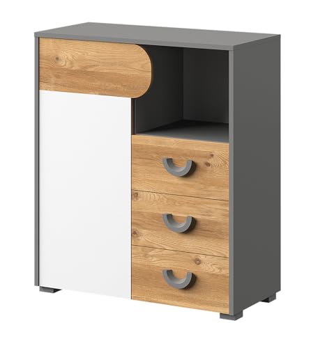 MINIO go for it - Kommode mit Schubladen 80 cm Carina 6, Hohe Kommode mit Türen, hOCHKommode mit Stauraum, Highboard, für Jugendzimmer, Farbe: Nash Eiche/Weiß/Hellgraphit von MINIO go for it