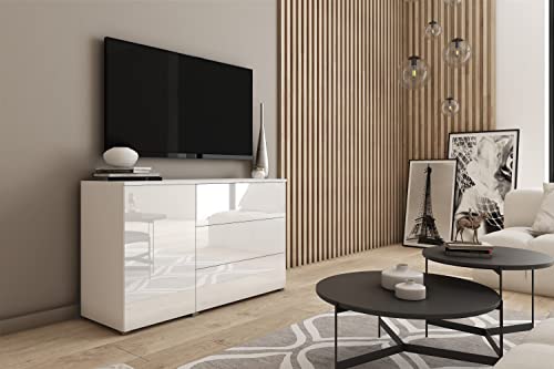 MINIO - Kommode mit Schubladen Parma, 111cm Breit, Sideboard Wohnzimmer Möbel, Push to Open Schubladenschrank - Weiß/Weiß Hochglanz von MINIO go for it