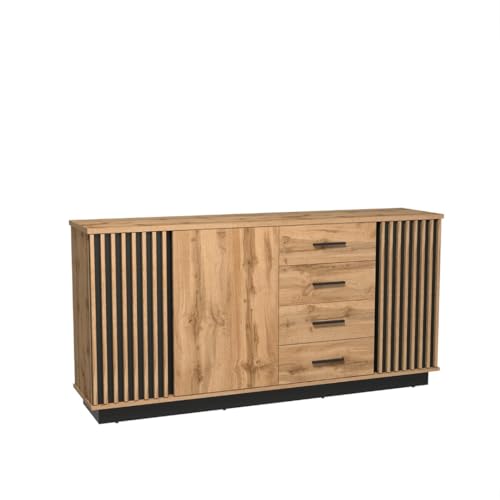 MINIO go for it - Sideboard Lamia, Kommode 178 cm Breit, Kommode mit Schubladen und Türen, Möbel für Schlafzimmer, Wohnzimmer Möbel, Wotan Eiche/Schwarz Matt von MINIO go for it