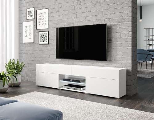 MINIO - TV Schrank Care, TV Kommode 180 cm mit 2 Schubladen, TV Bank mit 2 Offenen Nischen, TV Tisch mit 2 Klappen, Fernseher Regal für Wohnzimmer - Weiss/Weiss Hochglanz Farbe von MINIO go for it