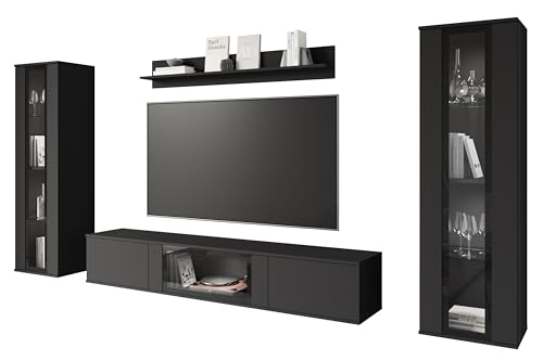 MINIO go for it - Wohnwand 4-Teilig Set FARO, Hängend oder Stehend, Hochschrank, Vitrine, Lowboard mit Glasstür, Wandboard, Laminierte Spannplatte, mit LED Beleuchtung, Farbe: Schwarz Matt MINIO go for it - Wohnwand 4-Teilig Set FARO, Hängend oder Stehend, Hochschrank, Vitrine, Lowboard mit Glasstür, Wandboard, Laminierte Spannplatte, mit LED Beleuchtung, Farbe: Schwarz Matt von MINIO go for it