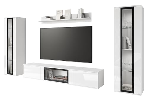 MINIO go for it - Wohnwand 4-Teilig Set FARO, Hängend oder Stehend, Hochschrank, Vitrine, Lowboard mit Glasstür, Wandboard, Laminierte Spannplatte, mit LED Beleuchtung, Weiß Matt/Weiß Gloss von MINIO go for it
