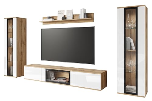 MINIO go for it - Wohnwand 4-Teilig Set FARO, Hängend oder Stehend, Hochschrank, Vitrine, Lowboard mit Glasstür, Wandboard, Laminierte Spannplatte, mit LED Beleuchtung, Farbe: Wotan Eiche/Weiß Gloss von MINIO go for it