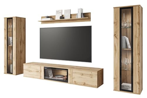 MINIO go for it - Wohnwand 4-Teilig Set FARO, Hängend oder Stehend, Hochschrank, Vitrine, Lowboard mit Glasstür, Wandboard, Laminierte Spannplatte, mit LED Beleuchtung, Wotan Eiche Farbe von MINIO go for it