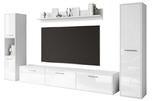 MINIO go for it - Wohnwand Wohnzimmer 4-teilig Toga, Wohnzimmer Möbel Set, 1x TV Lowboard, 2X Hochschrank, 1x Wandboard, Wohnzimmermöbel Komplett, Wohnzimmer Set - Farbe Weiss Matt/Weiss Hochglanz von MINIO go for it
