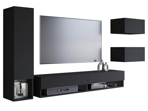 MINIO go for it - Wohnwand 4-Teilig Set Amy, Wandschrank Hängend, Laminierte Spannplatte, Farbe: Schwarz matt - ohne LED Beleuchtung von MINIO go for it