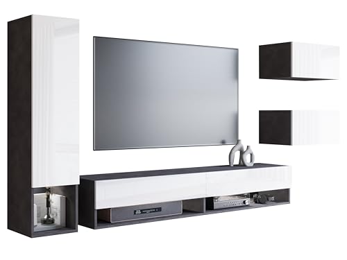 MINIO go for it - Wohnwand 4-Teilig Set Amy, Wandschrank Hängend, Laminierte Spannplatte, Grafit Matera/Weiß glänzend - mit LED Beleuchtung von MINIO go for it
