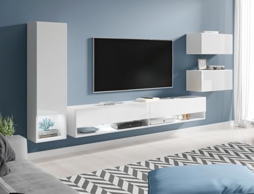 MINIO go for it - Wohnwand 4-Teilig Set Amy, Wandschrank Hängend, Laminierte Spannplatte, Weiß matt/Weiß glänzend - mit LED Beleuchtung von MINIO go for it