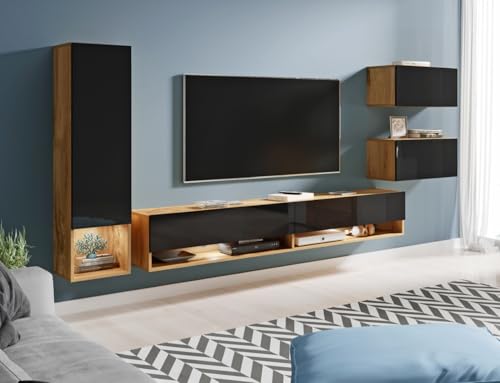 MINIO go for it - Wohnwand 4-Teilig Set Amy, Wandschrank Hängend, Laminierte Spannplatte, Farbe: Wotan Eiche/Schwarz glänzend - mit LED Beleuchtung von MINIO go for it
