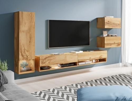 MINIO go for it - Wohnwand 4-Teilig Set Amy, Wandschrank Hängend, Laminierte Spannplatte, Farbe: Wotan Eiche - mit LED Beleuchtung von MINIO go for it