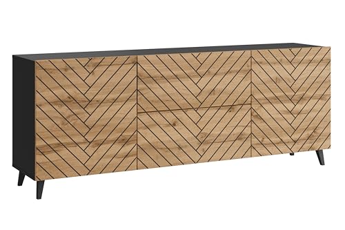 MINIO go for it - Kommode LOKET, 180 cm breite, Standkommode, Sideboard, Wohnzimmer, Wohnzimmermöbel, Farbe: Schwarz matt/Wotan Eiche mit Fischgrätenmuster von MINIO go for it