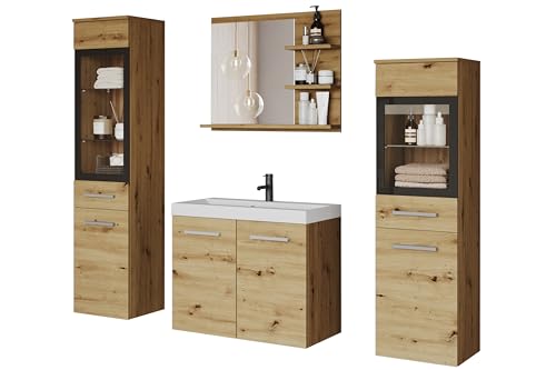 MINIO go for it - Badezimmermöbel Set Marit 1, ohne LED-Belechtung, Spiegel mit Regal, Schrank mit Waschbecken, Laminierte Spannplatte, Farbe: Artisan Eiche von MINIO go for it