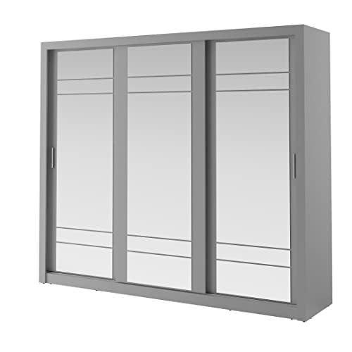 MINIO go for it - ARTI Kleiderschrank mit Spiegel 250cm Breit I Schiebetürenschrank mit Kleiderstange und Einlegeboden I Schlafzimmerschrank I Schlafzimmer Möbel I Farbe Grau von MINIO go for it