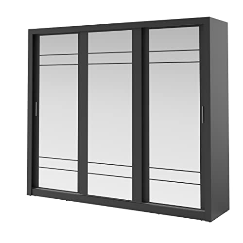 MINIO go for it ARTI - Kleiderschrank mit Spiegel Schwarz 250cm Breit, Schwebetürenschrank Kleiderschränke Garderobenschrank, Schlafzimmerschrank mit 3-türig, inkl. 2 Kleiderstangen, 9 Einlegeböden von MINIO go for it