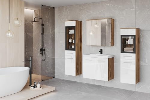 MINIO go for it - Badezimmermöbel Set Marit 2, mit LED-Belechtung, Wandspiegelschrank, Schrank mit Waschbecken, Farbe: Wotan Eiche/Weiß Hochglanz von MINIO go for it